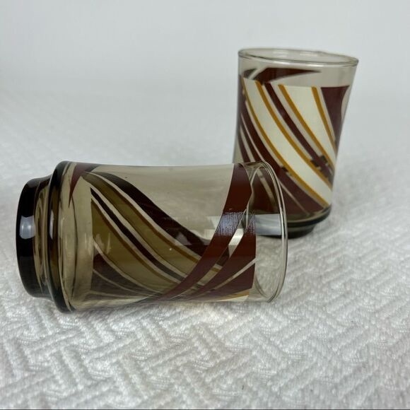 Pair Vintage 70s 1970s MCM Smokey Swirl Drinking Galsses Brown Neutral Set Retro - Picture 7 of 10